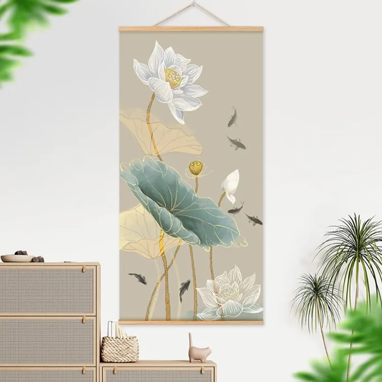 新中式居家荷花系装饰画实木卷轴布艺挂画入户门挂墙浪漫免孔时尚