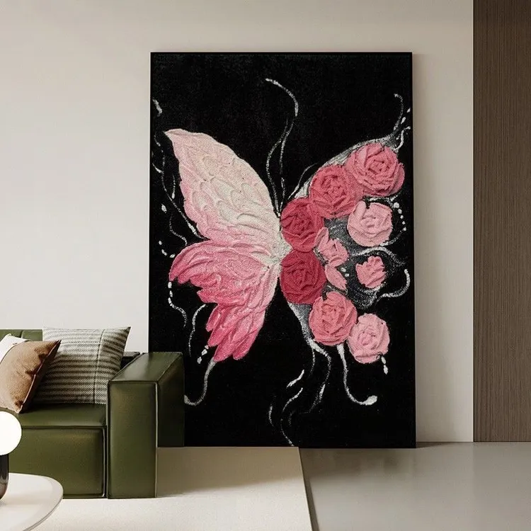 法式现代风粉色蝴蝶肌理平面客厅家居高级挂画餐厅入户玄关装饰画