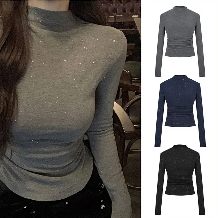 Moses Queen/魔西女王亮闪闪德绒T恤收腰保暖长袖半高领打底衫女