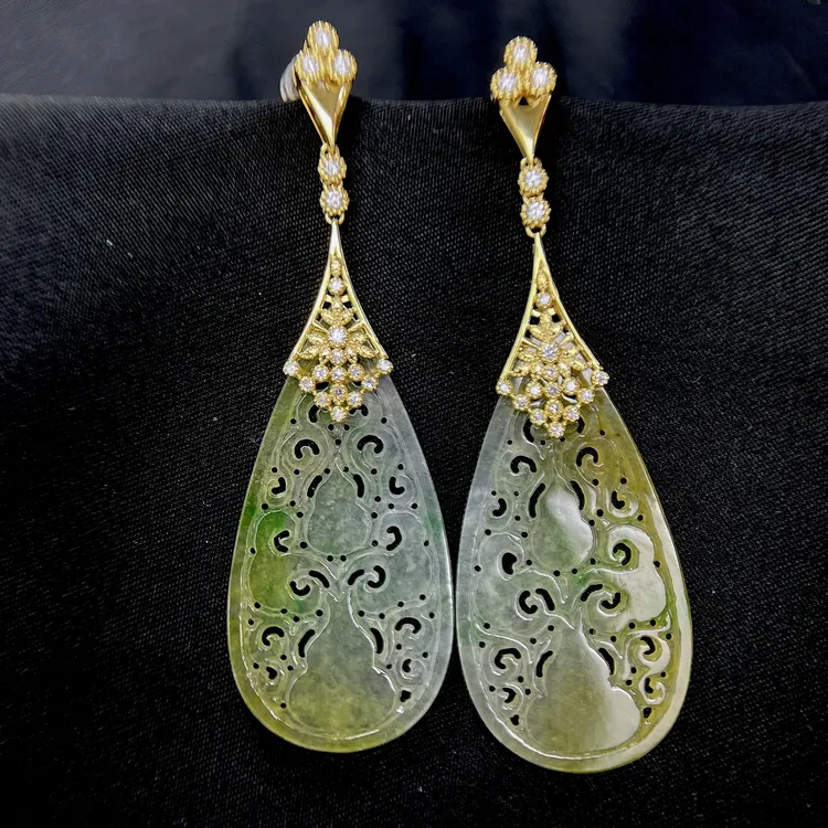新中式国风时尚气质精致款18k镶嵌冰黄翡仿古雕花水滴耳坠纯天然