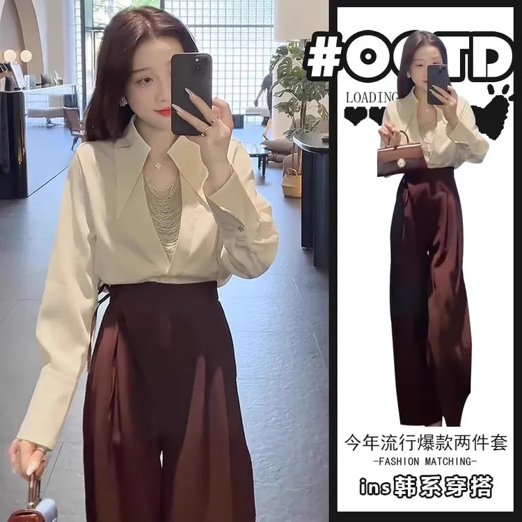 轻奢高级感阔腿西装裤女+设计感气质v领衬衫美式别致显气质套装女
