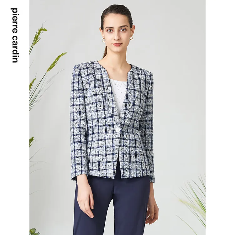 [皮尔卡丹女装]短外套蓝色格子一粒扣西服式春秋女上衣