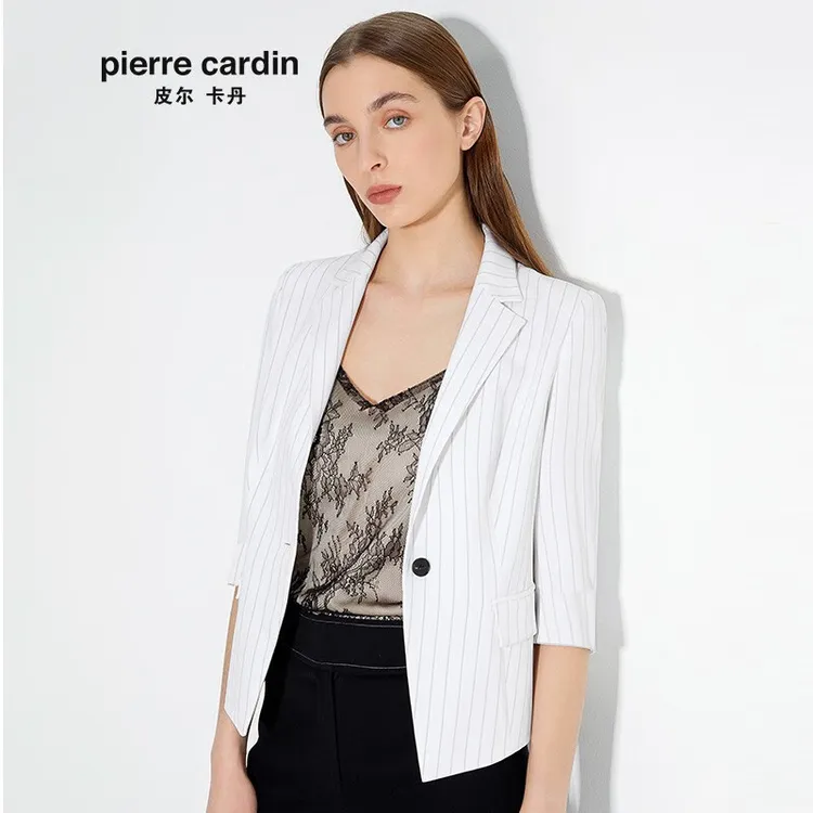 [皮尔卡丹女装]专柜正品春季白色条纹西服时尚短外套上衣