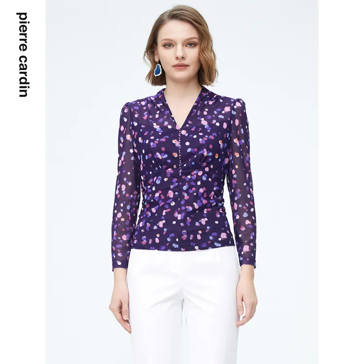 [皮尔卡丹女装]专柜正品夏季通勤淑女收腰印花衬衫