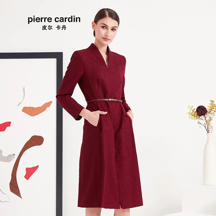 [皮尔卡丹女装]专柜正品专柜正品秋季酒红色长袖连衣裙