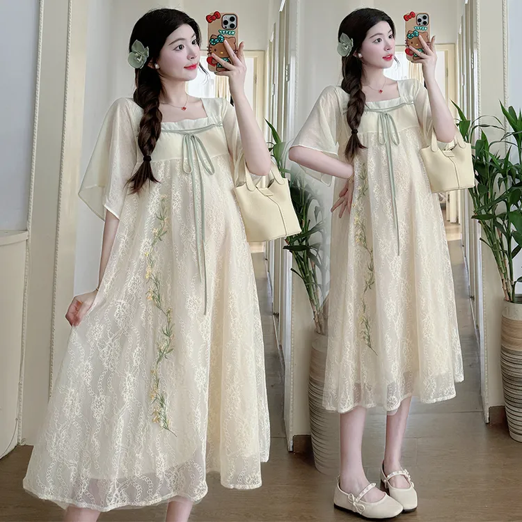 孕妇夏装新款复古民族风中式改良汉服蕾丝刺绣宽松长款孕妇连衣裙