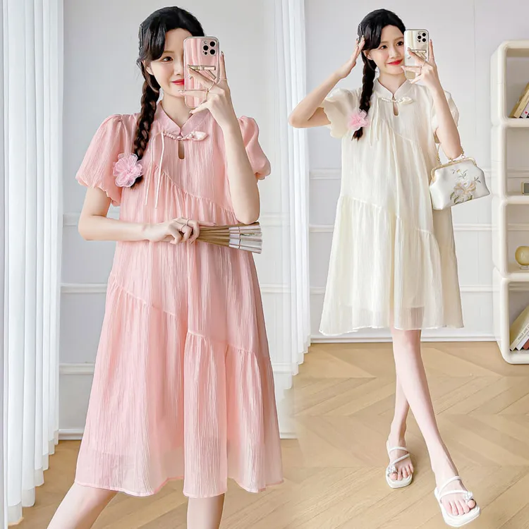 孕妇装夏季2025新款新中式立领盘扣气质甜美减龄中长款孕妇连衣裙