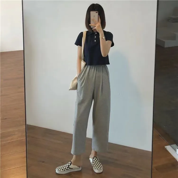 夏季清爽条纹小个子冰丝裤七八九分裤时尚裤运动高腰裤直筒百搭裤