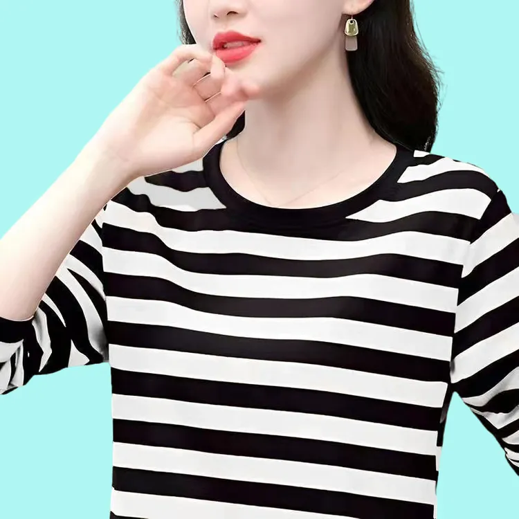 秋季新款棉质长袖T恤女装百搭条纹款式遮肚显瘦大码上衣打底衫女