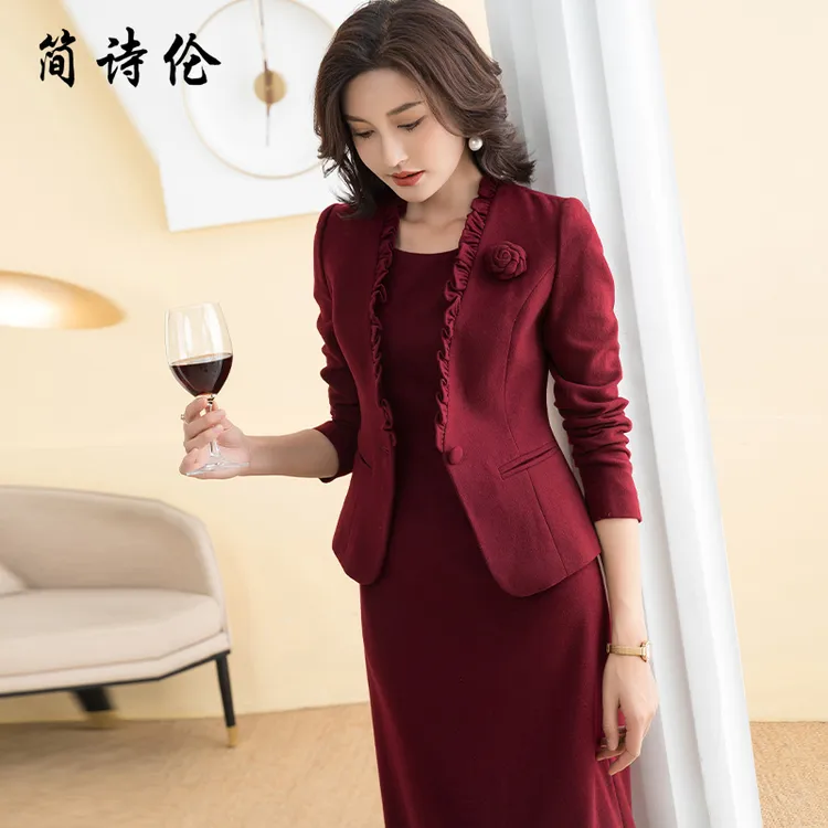 【新年战袍】喜婆婆婚宴装女冬季新款羊毛呢正装宴会套装裙两件套裙