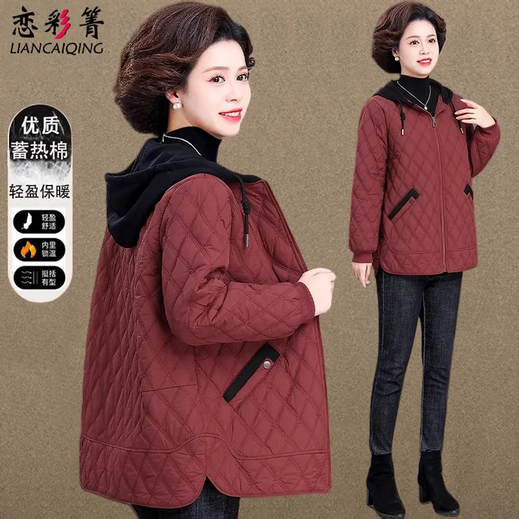 中年妈妈秋冬夹棉外套洋气阔太太连帽棉衣中老年人女冬装轻薄棉服