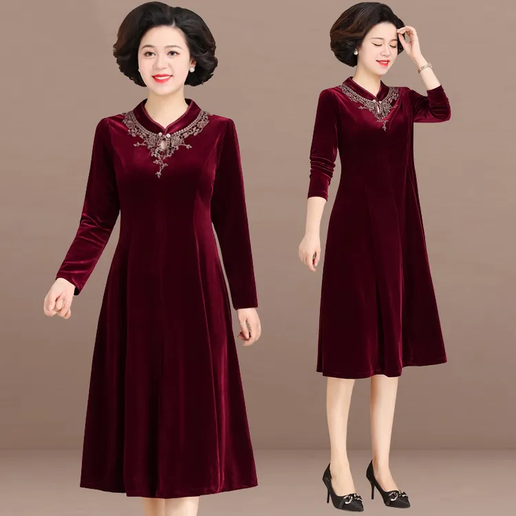 妈妈春装金丝绒连衣裙洋气中老年女春秋喜婆婆婚宴装礼服旗袍裙子