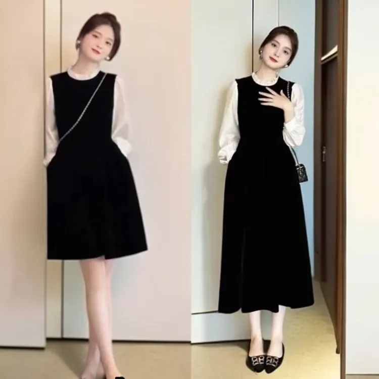 法式赫本风假两件黑色连衣裙女2025春秋新款大码宽松显瘦中长裙子
