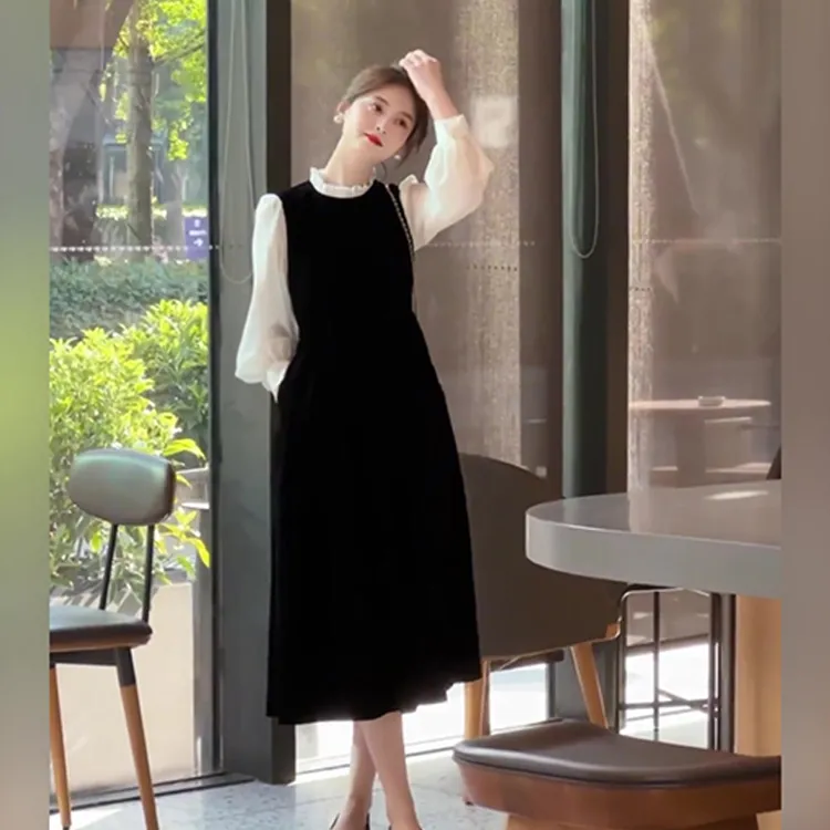 大码假两件连衣裙女春秋法式高级感胖mm显瘦遮肚藏肉假气质长裙子