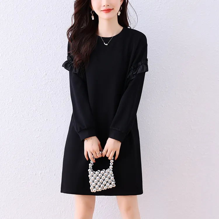 法式黑色赫本风连衣裙女2025春秋新款大码宽松时尚显瘦花边中长裙