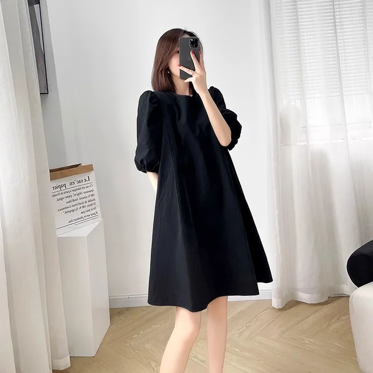 2025新款夏季宽松显瘦中长款大码连衣裙女圆领灯笼袖赫本风小黑裙