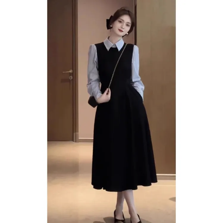 2025新款黑色气质衬衫连衣裙子早春秋季穿搭法式假两件学院风长裙