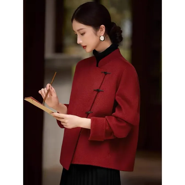 高级复古新中式红色毛呢外套女小个子秋冬季婚宴礼服日常可穿大衣