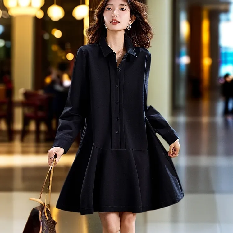 简约休闲翻领连衣裙女2025春秋新款高级感大码宽松显瘦鱼尾中长裙