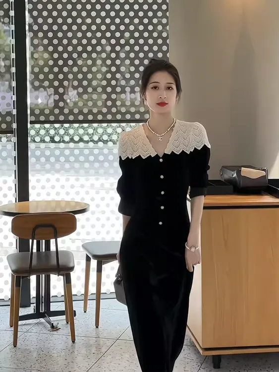 欧洲站春秋女2025年新款女法式赫本风气质长裙黑色大码长袖连衣裙