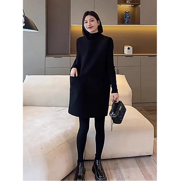 黑色背心裙秋冬欧货高级感百搭加厚毛呢裙女大码胖mm背心连衣裙