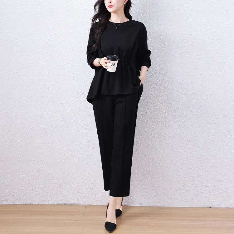 大码时尚收腰显瘦套装女2025新款胖mm宽松简约休闲春秋搭配一整套