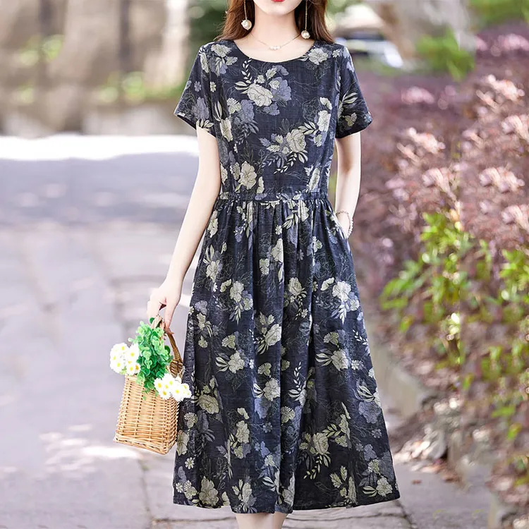 夏季新复古百搭印花圆领短袖连衣裙女宽松拼接显瘦大码碎花A字裙