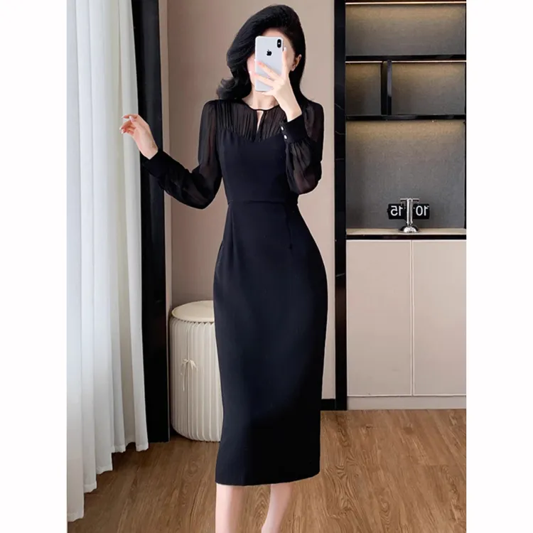 黑色连衣裙女2025春秋新款长袖法式复古修身显瘦气质通勤中长裙子