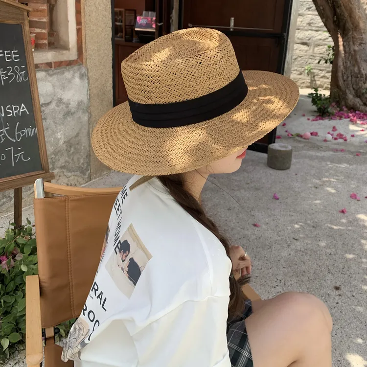草编大檐平顶草帽女夏季海边出游度假沙滩帽遮脸遮阳防晒帽太阳帽