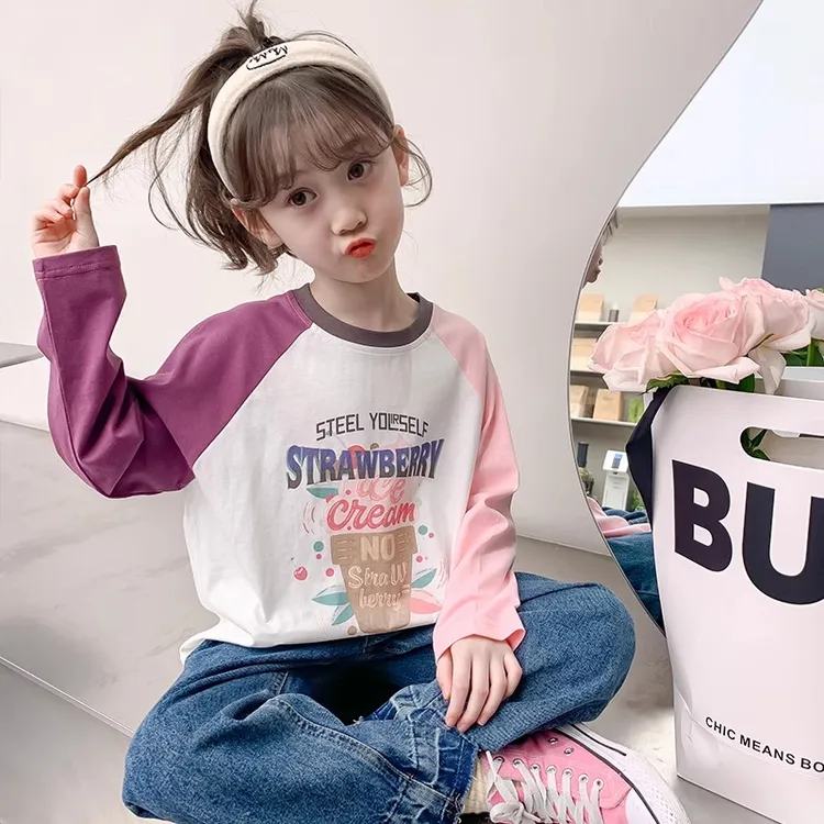 女童长袖T恤圆领2025新款洋气中大童女孩春装上衣儿童休闲打底衫