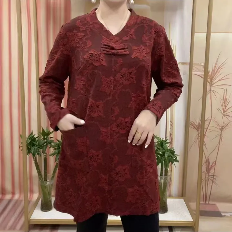 女士长袖T恤中长款新中式上衣套头小衫