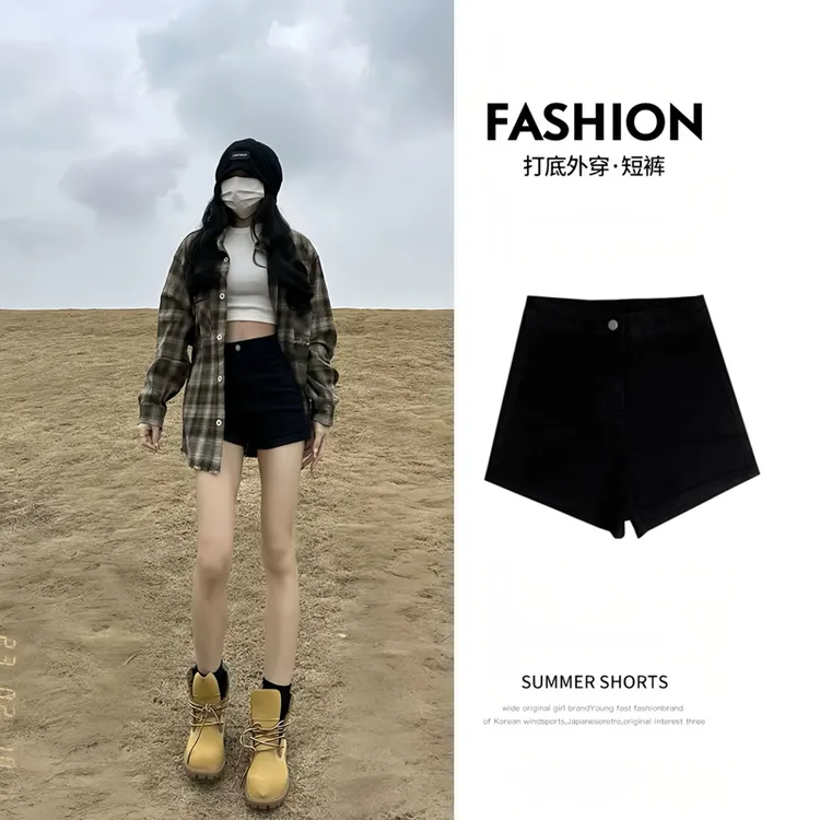 秋冬美式辣妹黑色高腰外穿牛仔短裤女弹力包臀紧身显瘦a字热裤潮