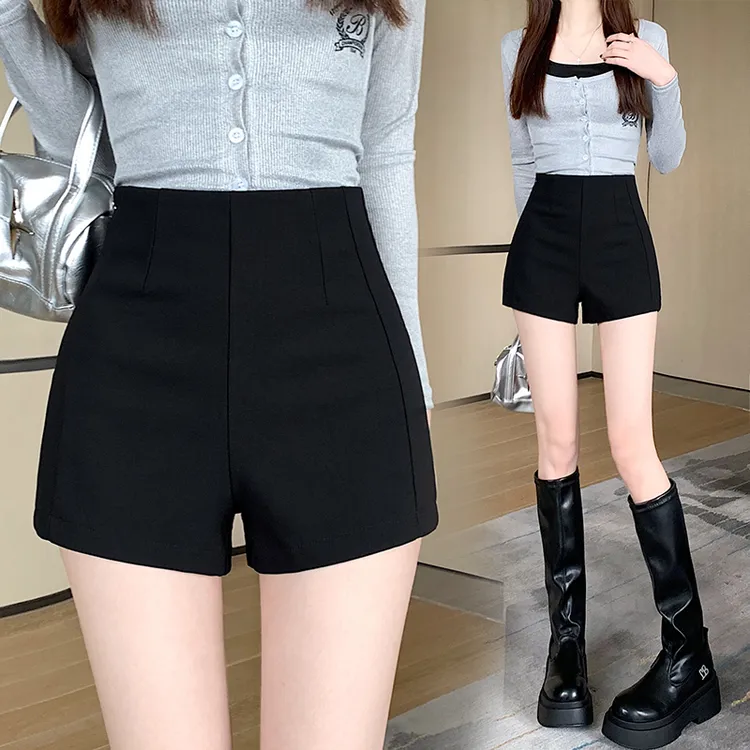 黑色高腰辣妹修身紧显瘦短裤女加绒短裤秋冬外穿配靴子打底热裤