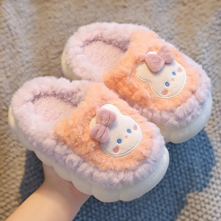 冬季棉拖鞋男女童保暖防滑加绒亲子包跟中小童宝宝毛毛棉拖鞋