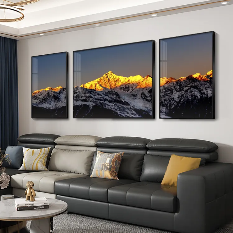 客厅装饰画金山轻奢沙发背景墙挂画背有靠山三联风景大气晶瓷挂画