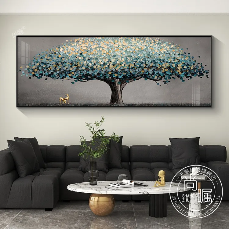 原创发财树客厅装饰画沙发背景墙壁画横版轻奢简约高档晶瓷挂画
