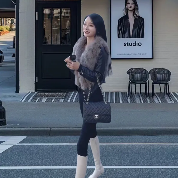 短款外套女秋冬小个子洋气pu皮衣加棉皮毛一体显瘦皮草毛毛外套