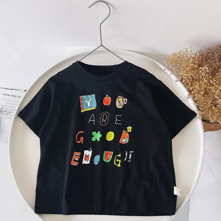 【纯棉】黑色时尚宽松夏季短袖儿童运动圆领上衣中小童日系卡通T恤A