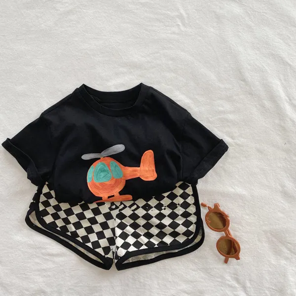 男童女童夏季2024新款宝宝卡通直升机印花短袖t恤洋气圆领黑色T恤