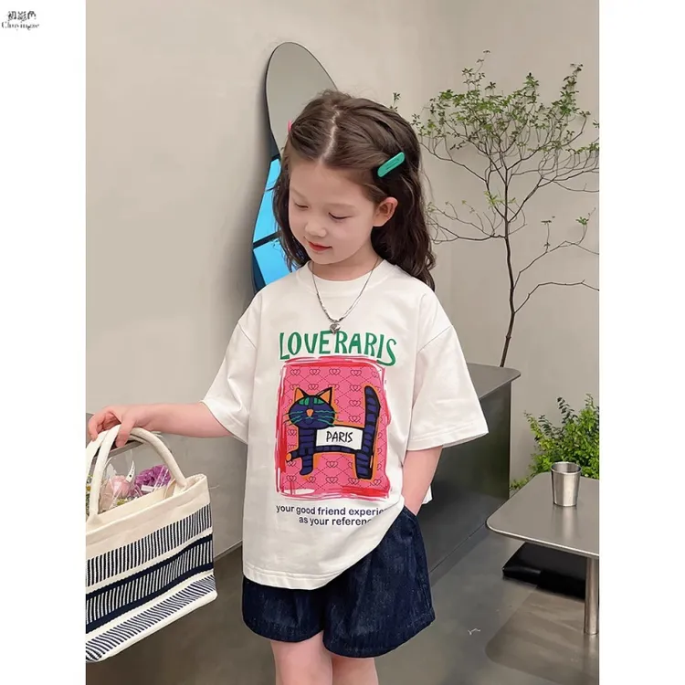 【纯棉】中小童女童韩版T恤2024夏装新款儿童短袖上衣装洋气打底衫A