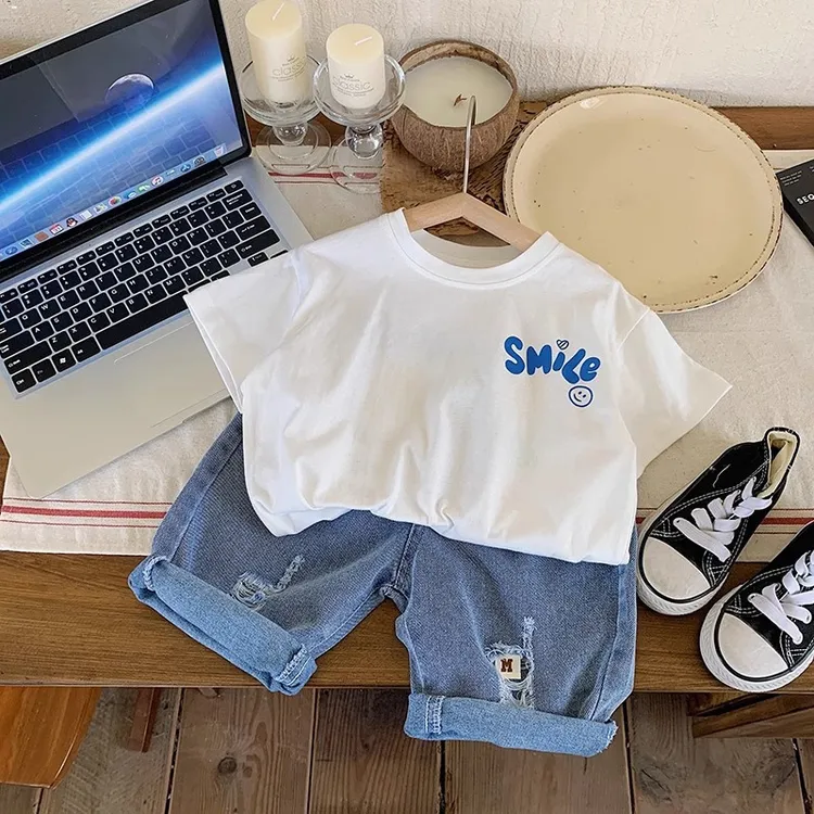 【纯棉】2024新款男童短袖t恤宝宝夏装儿童半袖中小童白色印花上衣A