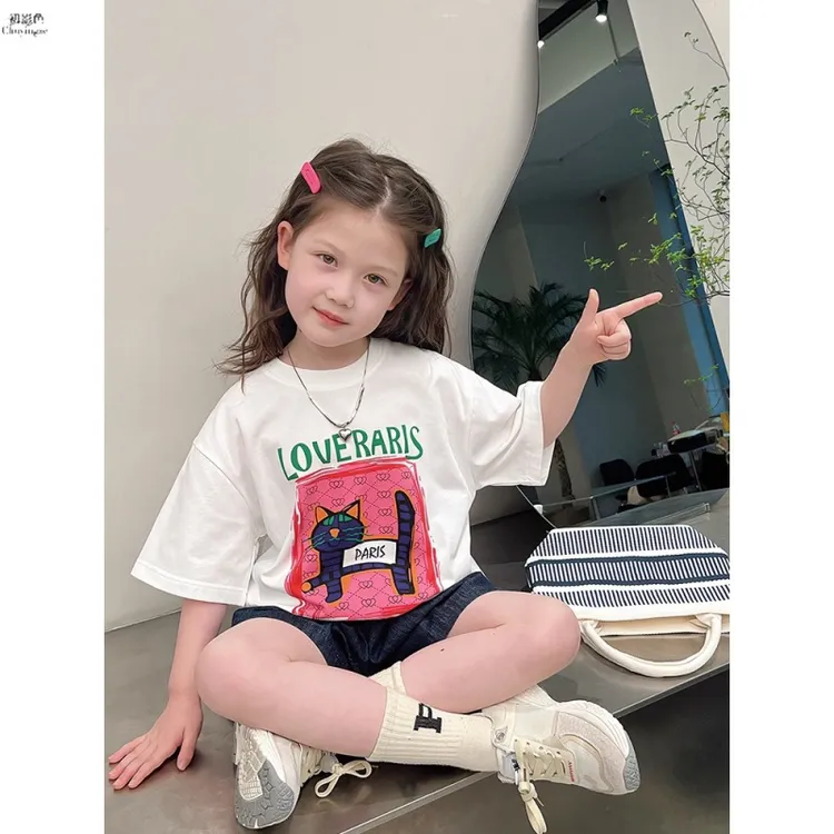 【纯棉】洋气女童韩版T恤2024夏装新款儿童短袖上衣中小童装打底衫A