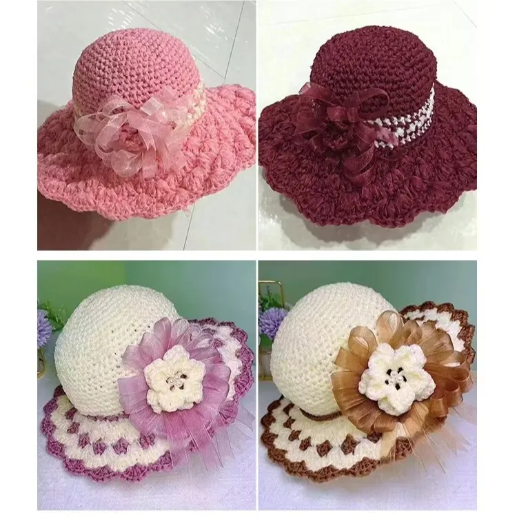 （非成品材料包）雪纱带贝壳花帽子手工钩织夏凉帽材料包