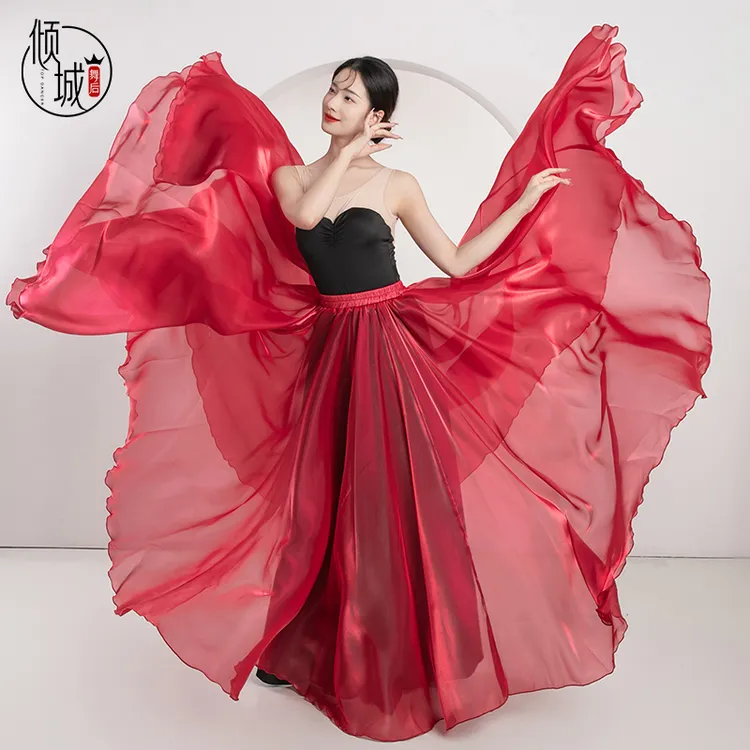 倾城舞后古典舞服装720度大摆裙光泽感黑月光现代舞红裙笼舞蹈服