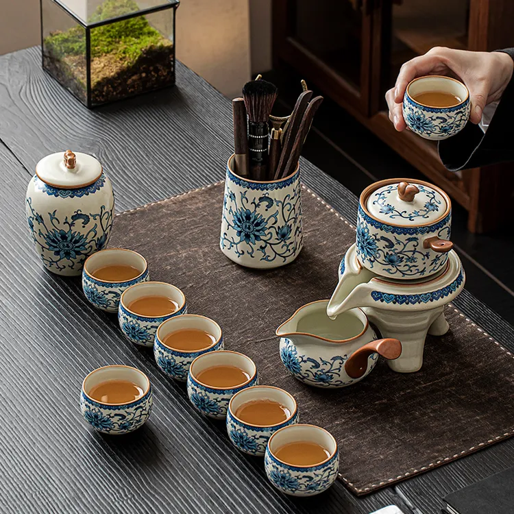 煌山青花汝窑茶壶家用石磨旋转单壶2025新款懒人茶水分离泡茶神器