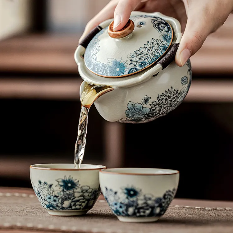 煌山青花汝窑手抓壶盖碗高档泡茶壶防烫茶碗带盖家用汝瓷功夫茶具