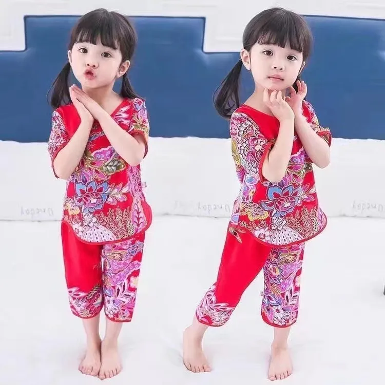 儿童夏季薄款民族风套装宝宝大花短袖睡衣小童绵绸吸汗洋气家居服