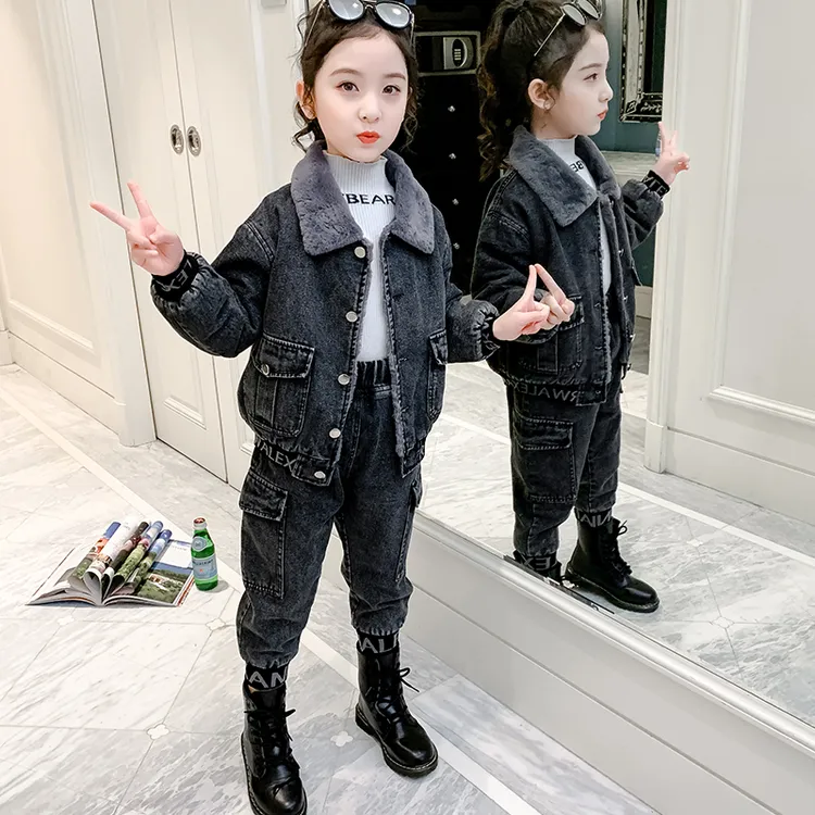 女童牛仔套装冬季2025新款儿童加绒加厚冬装洋气时髦小女孩两件套