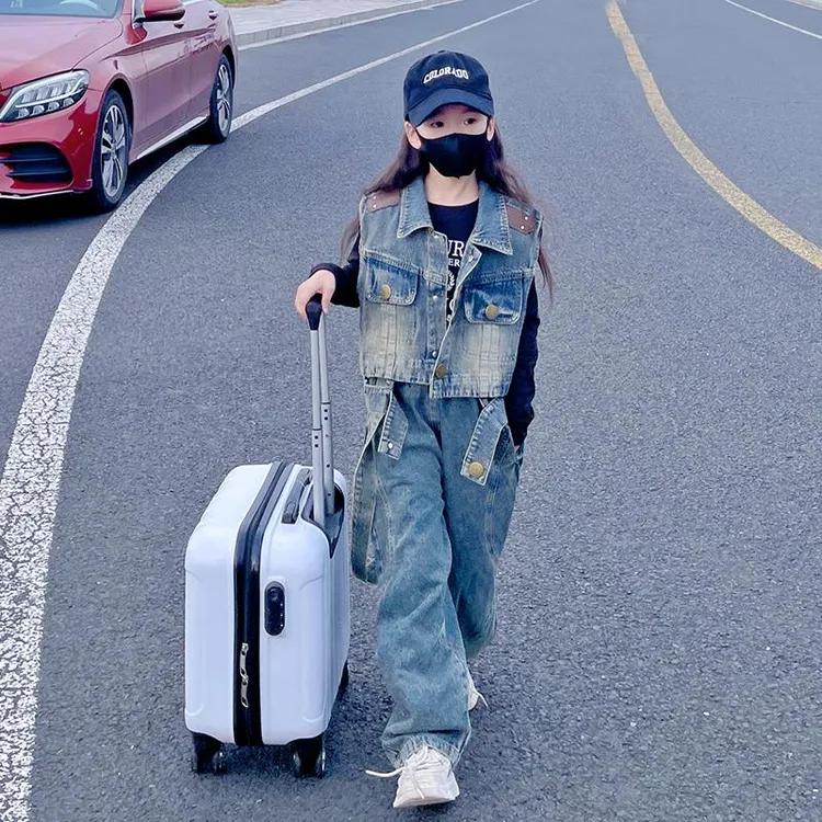 女童牛仔套装2025秋季新款中大童韩版无袖马甲哈伦工装裤两件套潮