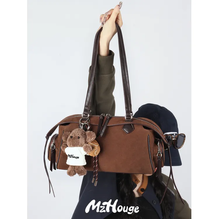 MzHouge麂皮多口袋波士顿包复古原创小众单肩腋下包女高级感秋冬